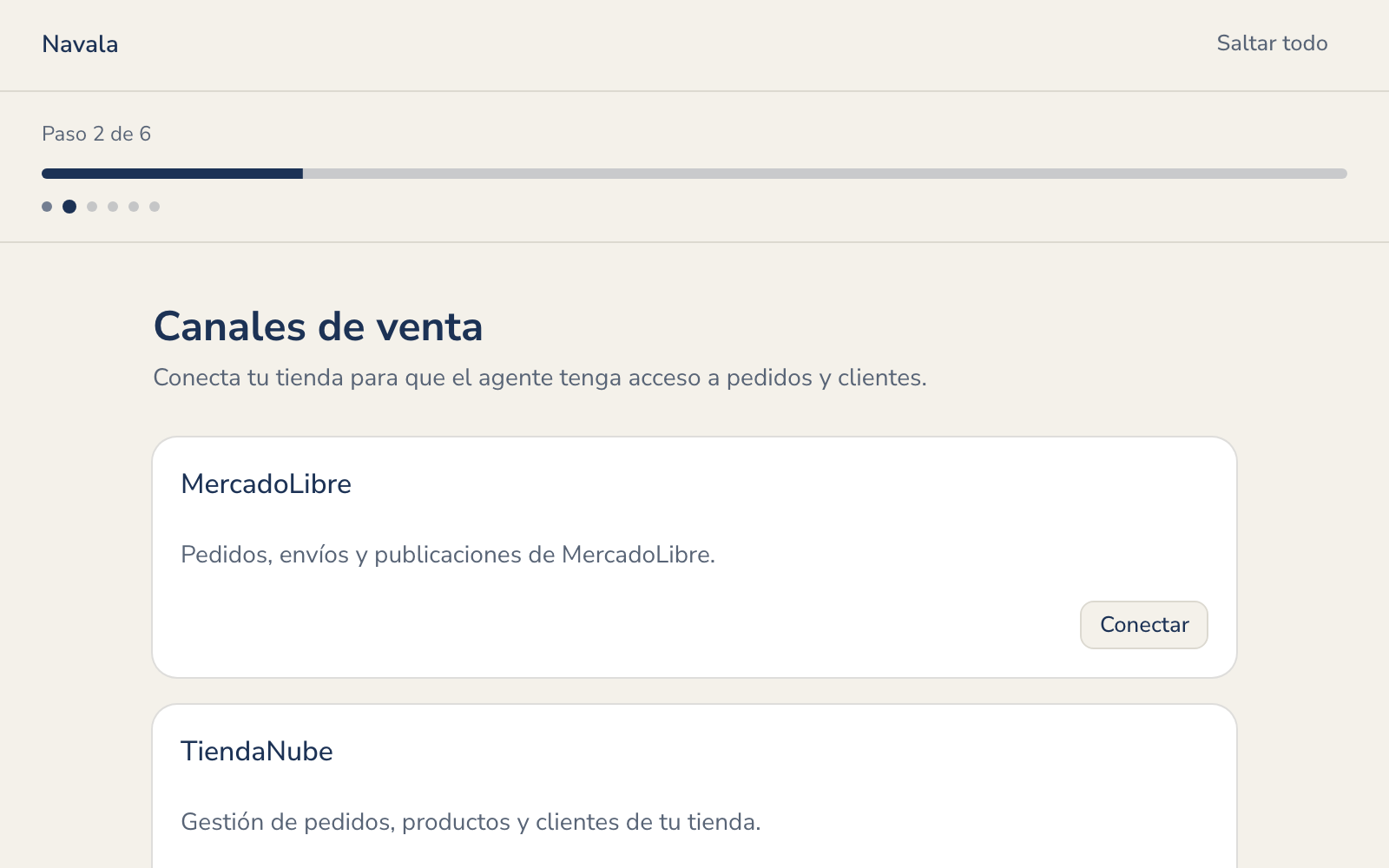 El paso de conectar MercadoLibre y TiendaNube durante el alta.