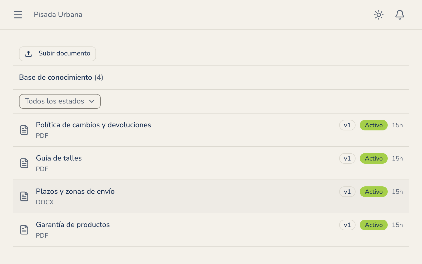La base de conocimiento con los documentos del vendedor cargados y activos.