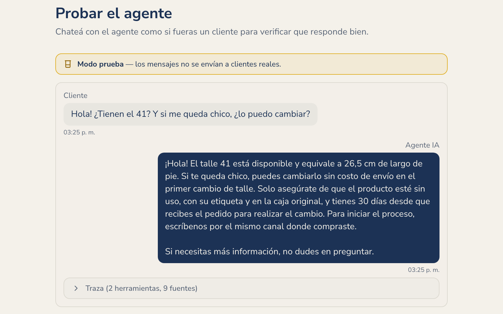 El simulador en modo prueba, respondiendo una pregunta antes de salir a producción.